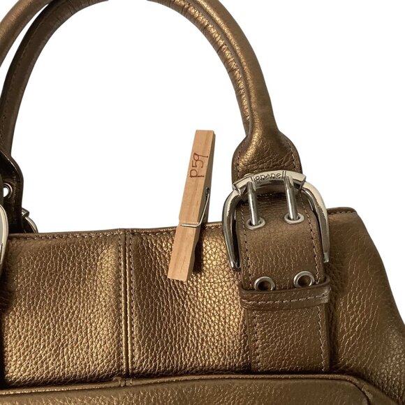 Tignanello Metallic Gold Bronze Leather Satchel Bag Chain-Print Lining - Picture 9 of 9